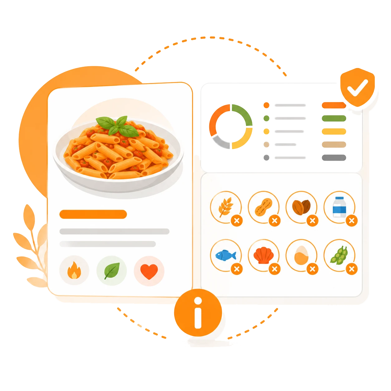 Çizim: telefonda bir ürün kartı; altında kalori, protein, karbonhidrat ve yağ değerleri ile gluten ve süt alerjen rozetleri; çevresinde vegan yaprağı ve glutensiz simgeleri